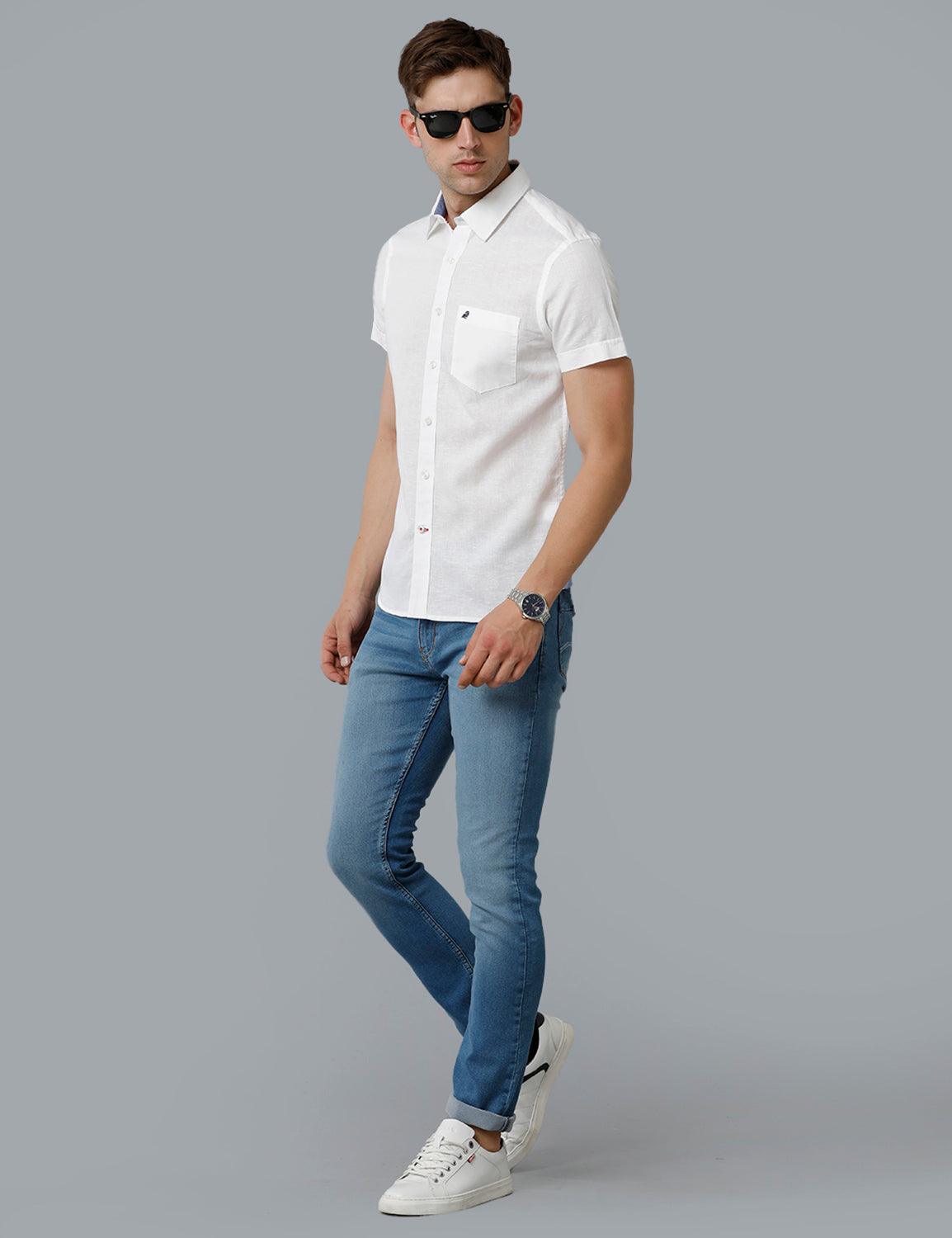 Solid White Cotton Lenin Slim Fit Casual Shirt - Double Two