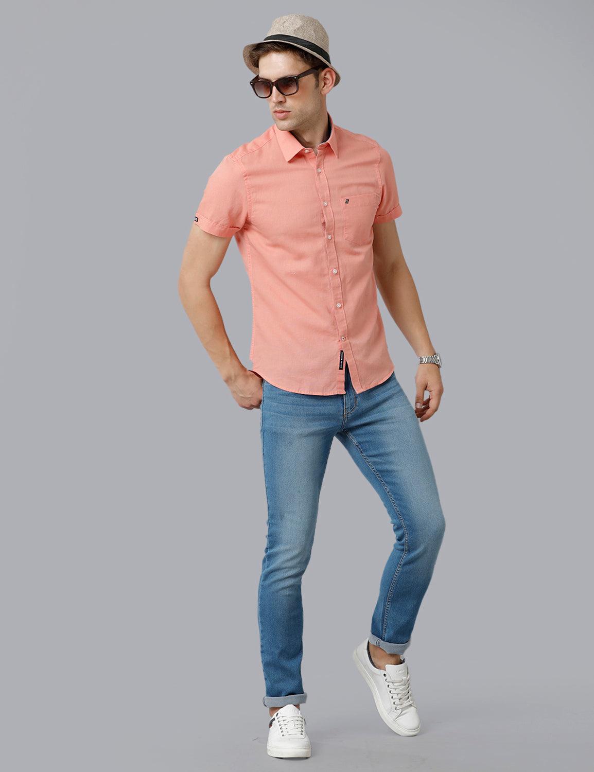 Solid Pink Cotton Lenin Slim Fit Casual Shirt - Double Two