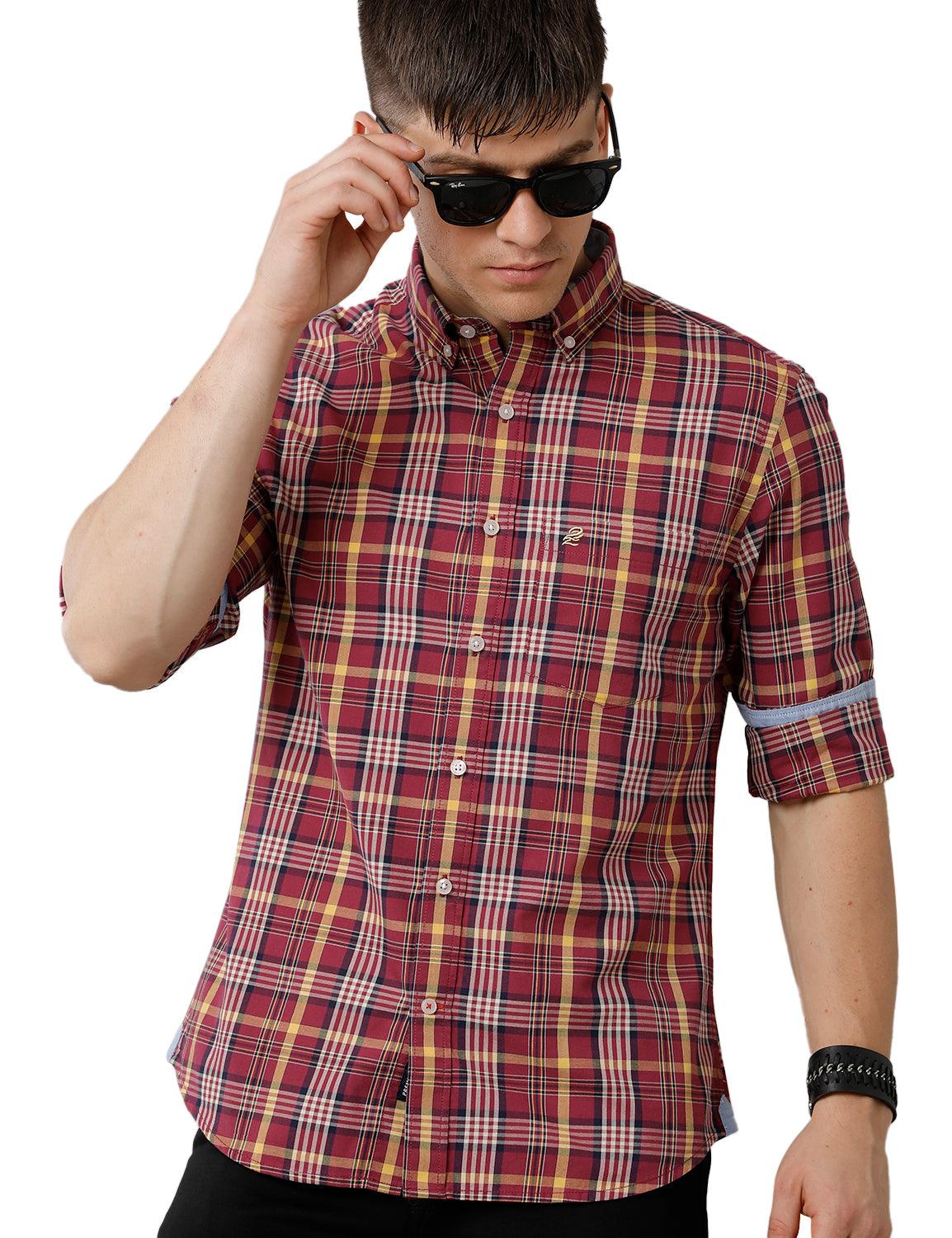 Double Two Men Wine Checks Casual Shirt - Double Two