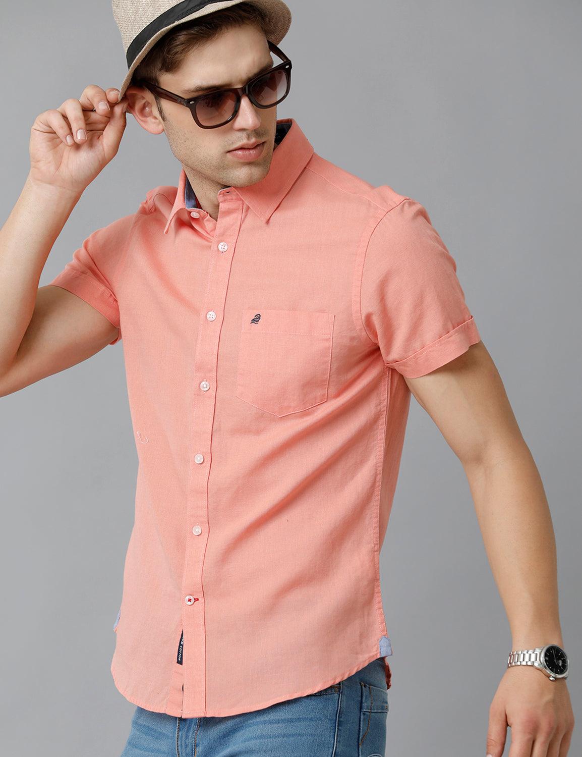 Solid Pink Cotton Lenin Slim Fit Casual Shirt - Double Two