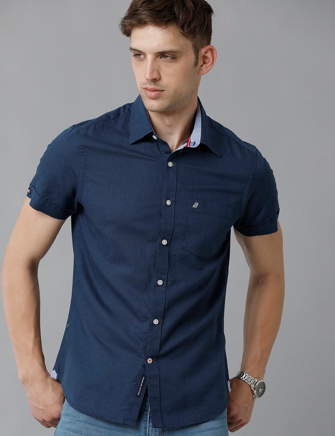 Solid Navy Blue Cotton Lenin Slim Fit Casual Shirt - Double Two