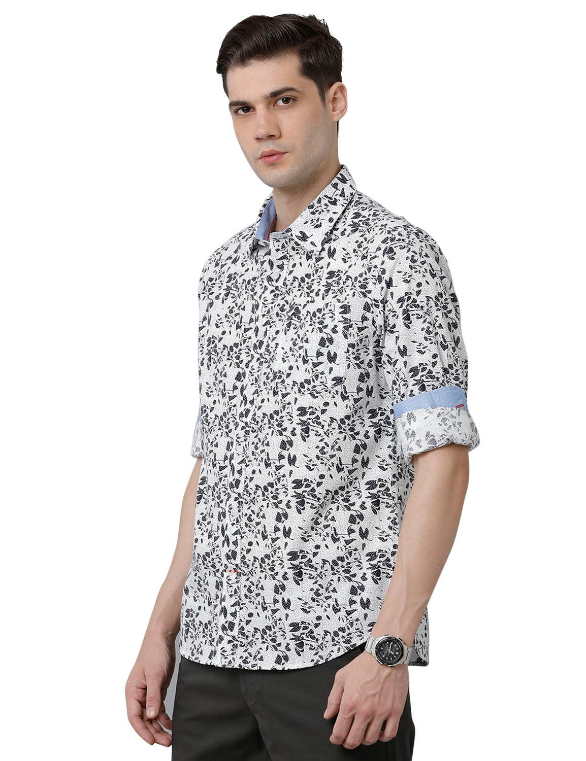 White Printed Slim Fit Shirt - Double Two