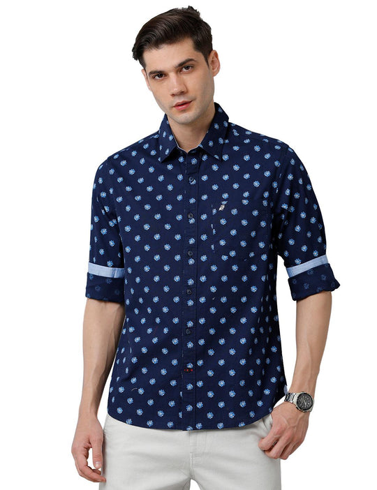DarkBlue Printed Slim Fit Shirt
