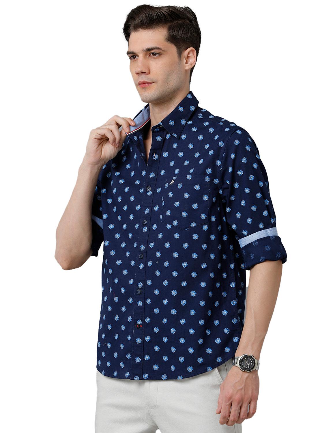DarkBlue Printed Slim Fit Shirt - Double Two