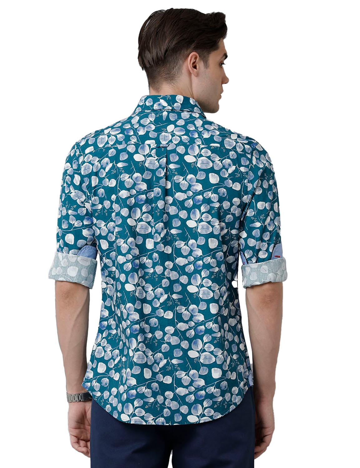Turquoise Printed Slim Fit Shirt - Double Two