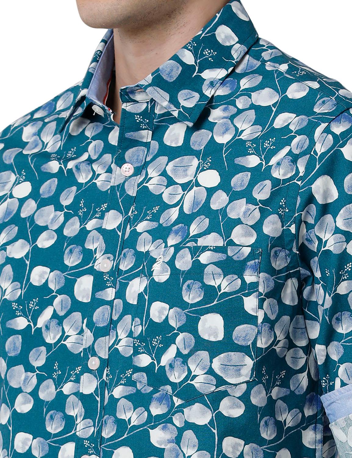 Turquoise Printed Slim Fit Shirt - Double Two