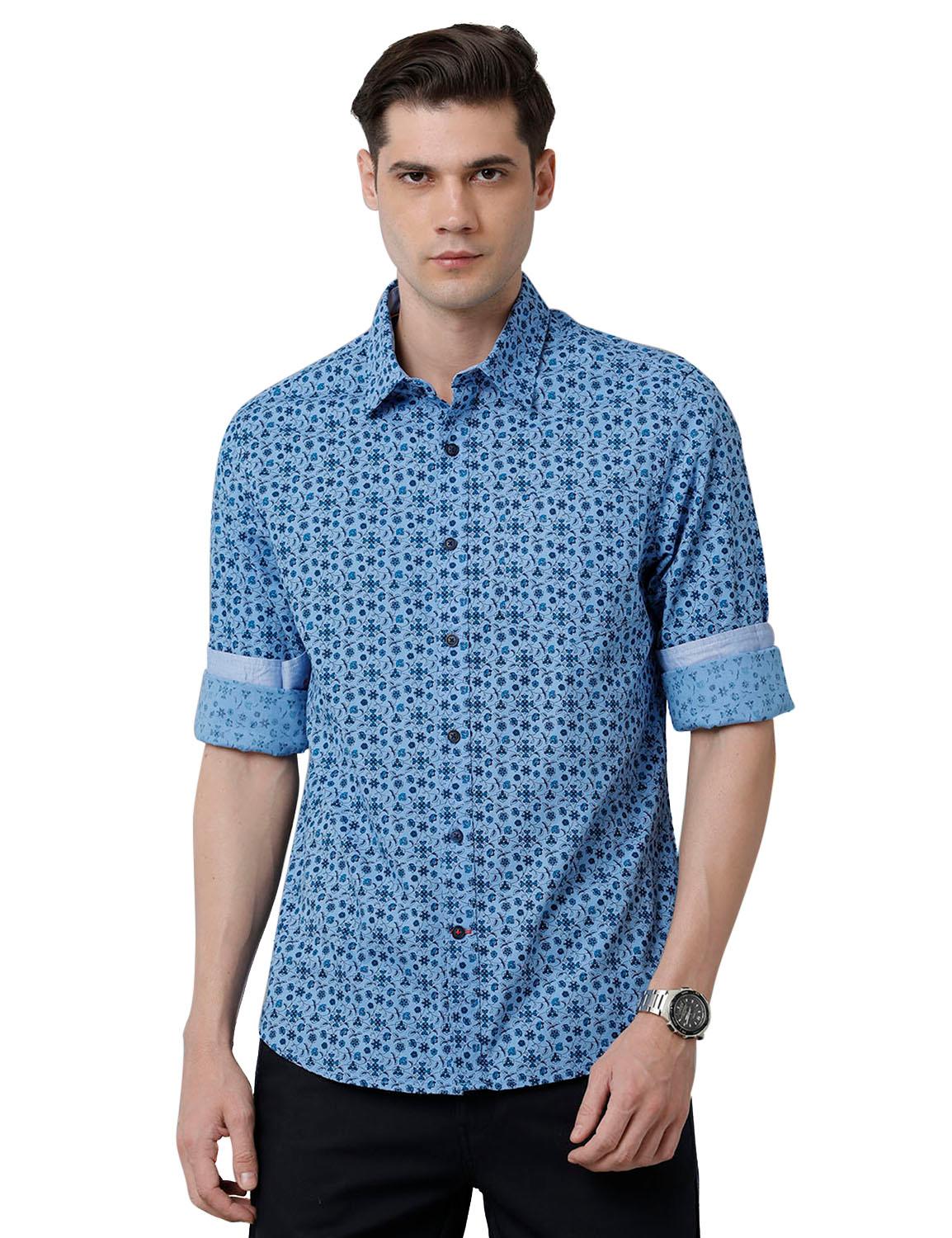 Blue Printed Slim Fit Shirt - Double Two