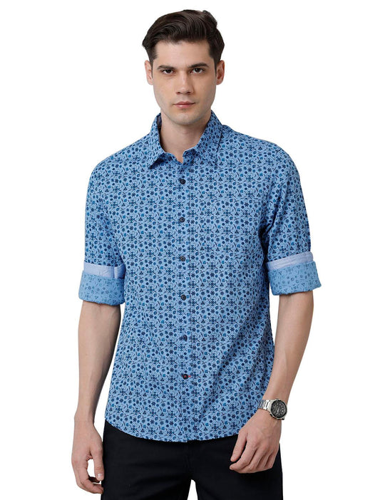 Blue Printed Slim Fit Shirt