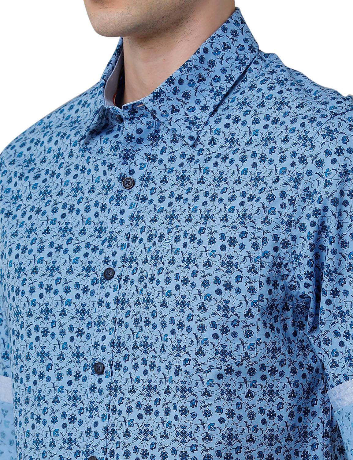 Blue Printed Slim Fit Shirt - Double Two