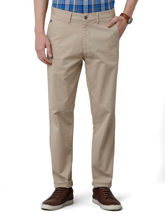 Beige Solid Slim Fit Trouser