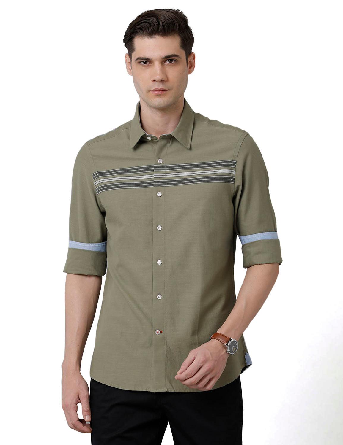 Olive Green Engineering Strips Slim Fit Shirt - Double Two