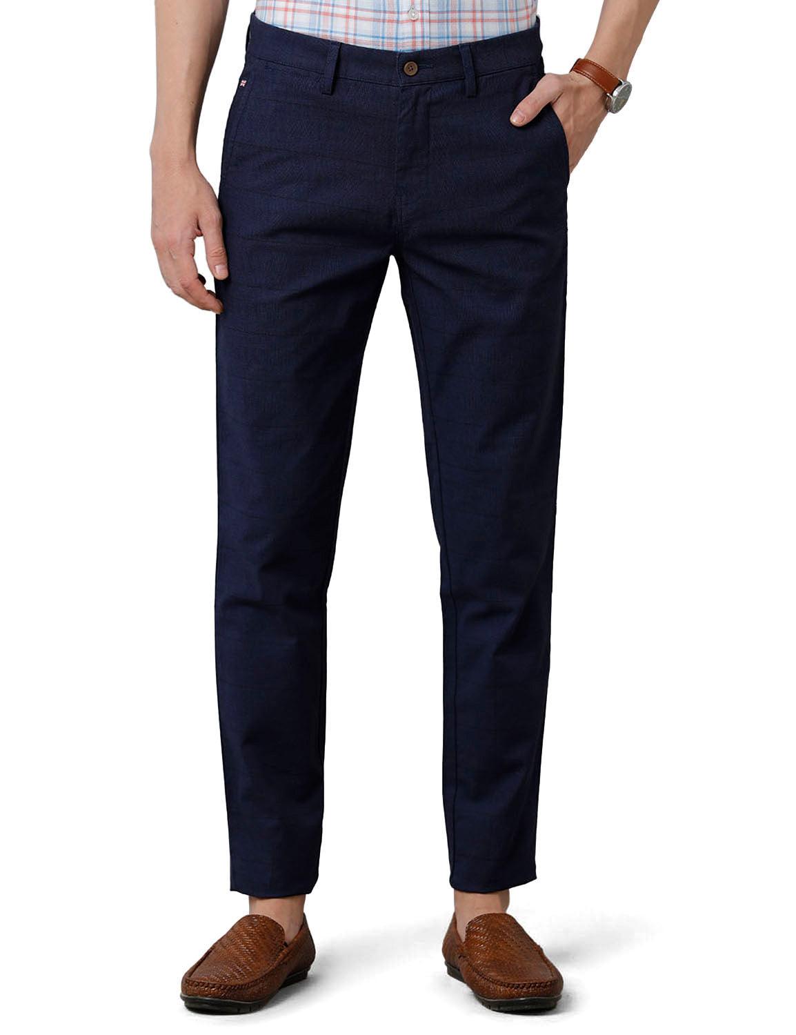 Navy Blue Solid Slim Fit Trouser - Double Two