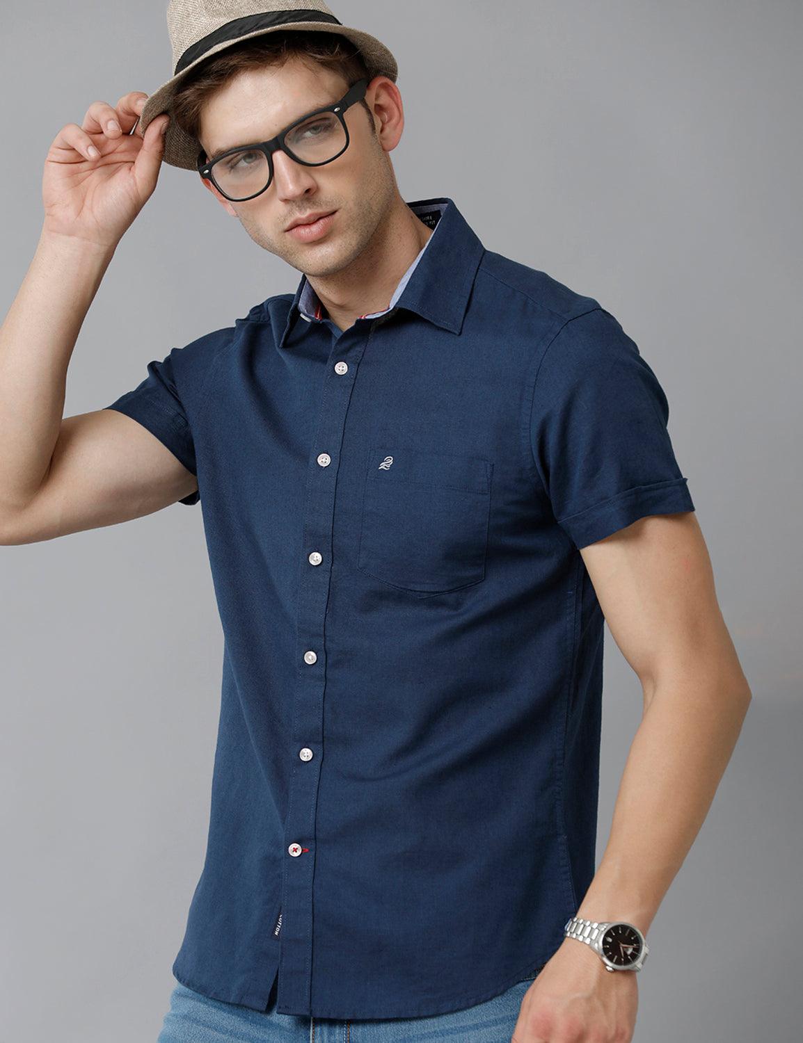 Solid Navy Blue Cotton Lenin Slim Fit Casual Shirt - Double Two