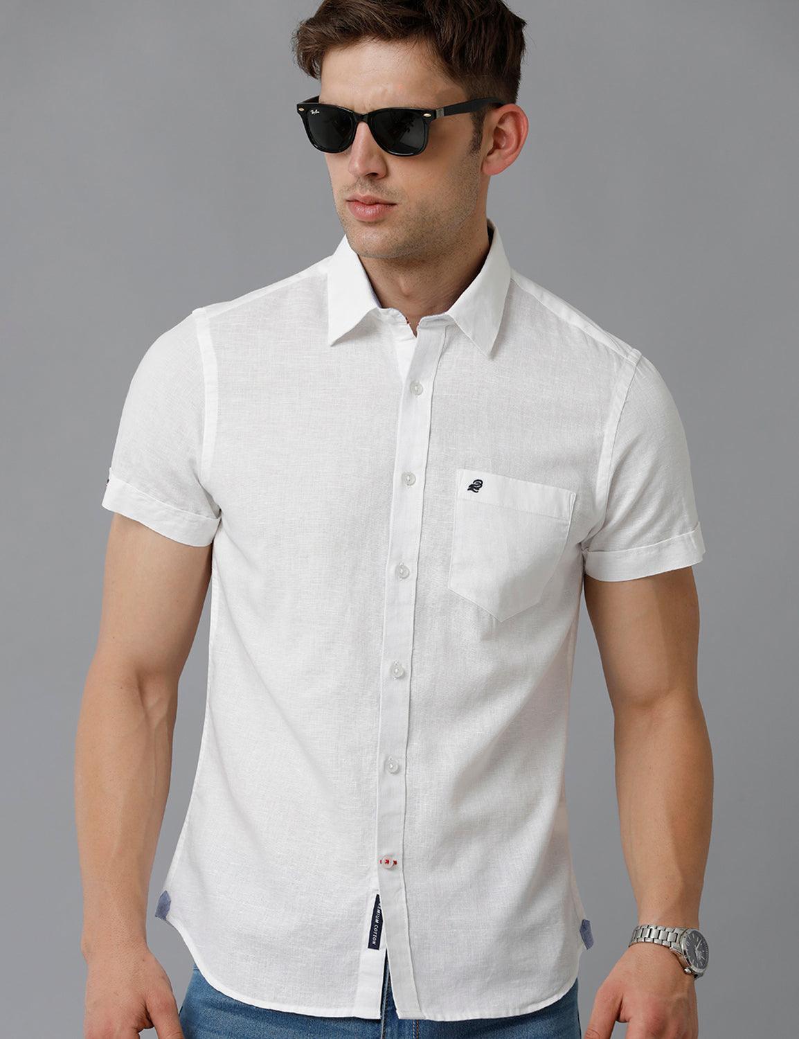 Solid White Cotton Lenin Slim Fit Casual Shirt - Double Two