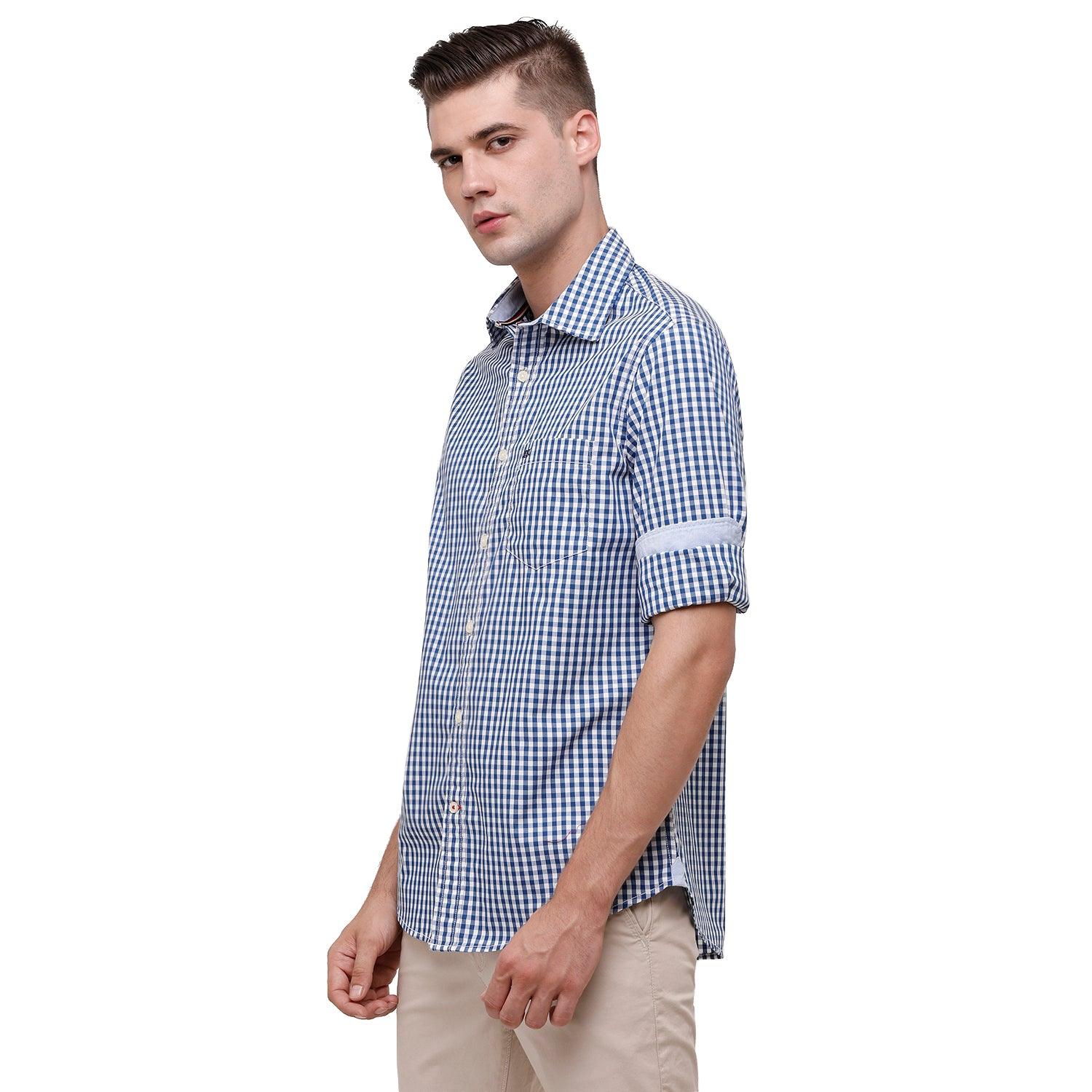 Double two Men Checks Blue Pointed Collar Long Sleeves 100% Cotton Slim Fit Casual shirt
