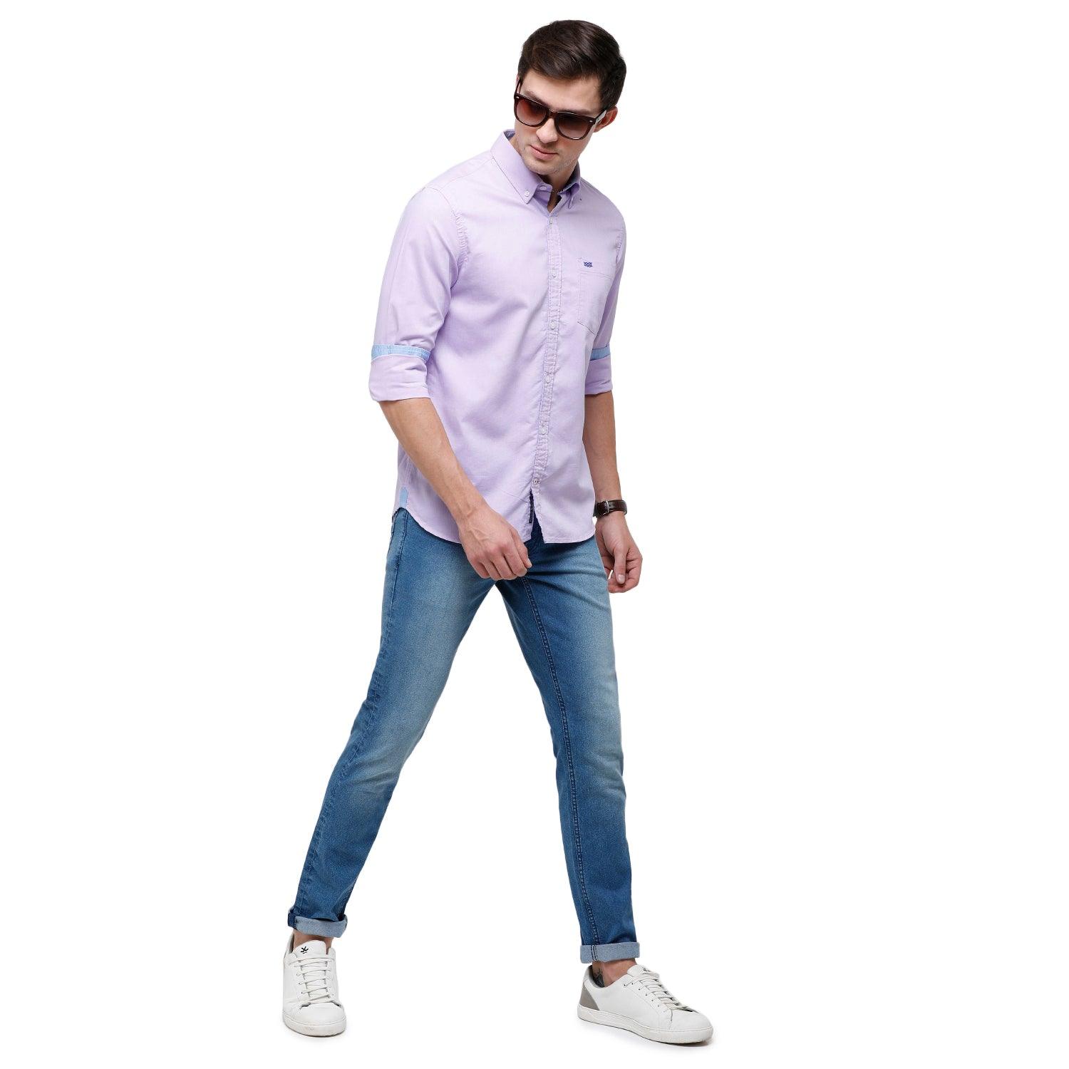 Double two Men Solid Lavender Button down collar Long Sleeves 100% Cotton Slim Fit Casual shirt
