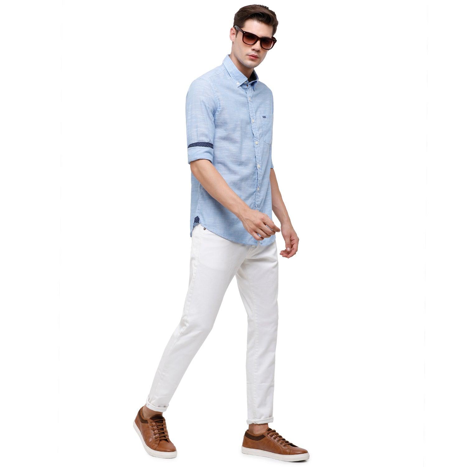 Double two Men Solid Light Blue Button down collar Long Sleeves 100% Cotton Slim Fit Casual shirt
