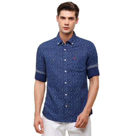 Blue Printed Casual Shirt Slim Fit