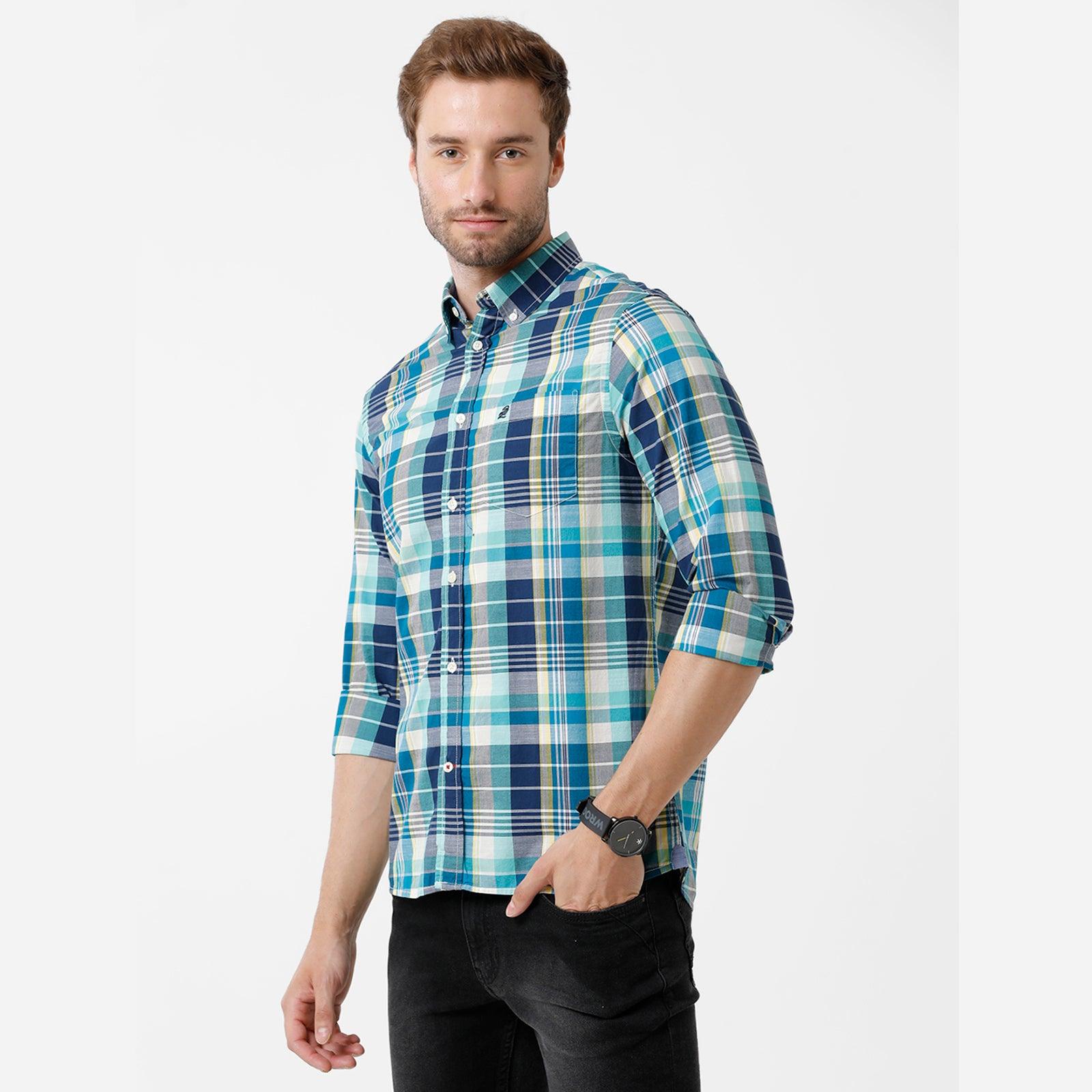 Double two Men Checks Blue Button down collar Long Sleeves 100% Cotton Slim Fit Casual shirt