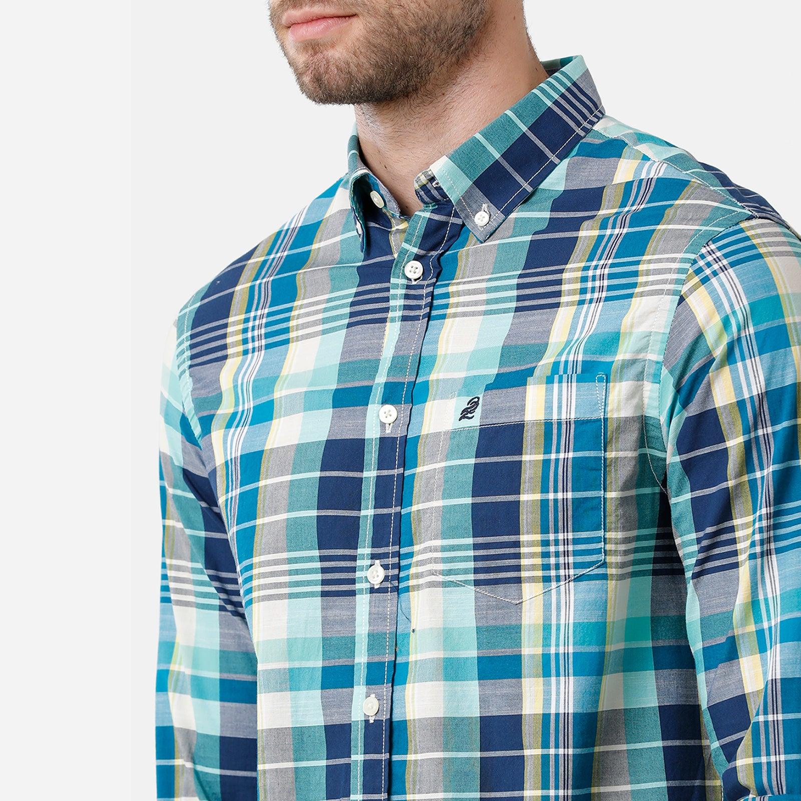 Double two Men Checks Blue Button down collar Long Sleeves 100% Cotton Slim Fit Casual shirt