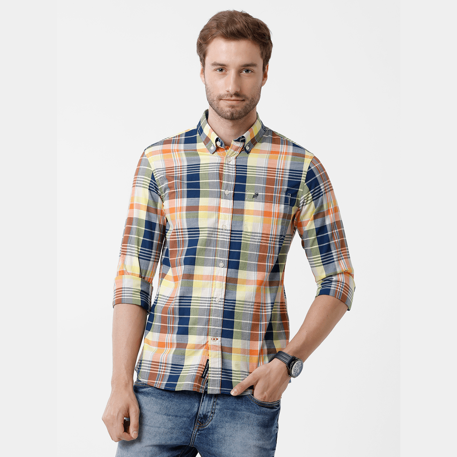 Double two Men Checks Multi Button down collar Long Sleeves 100% Cotton Slim Fit Casual shirt