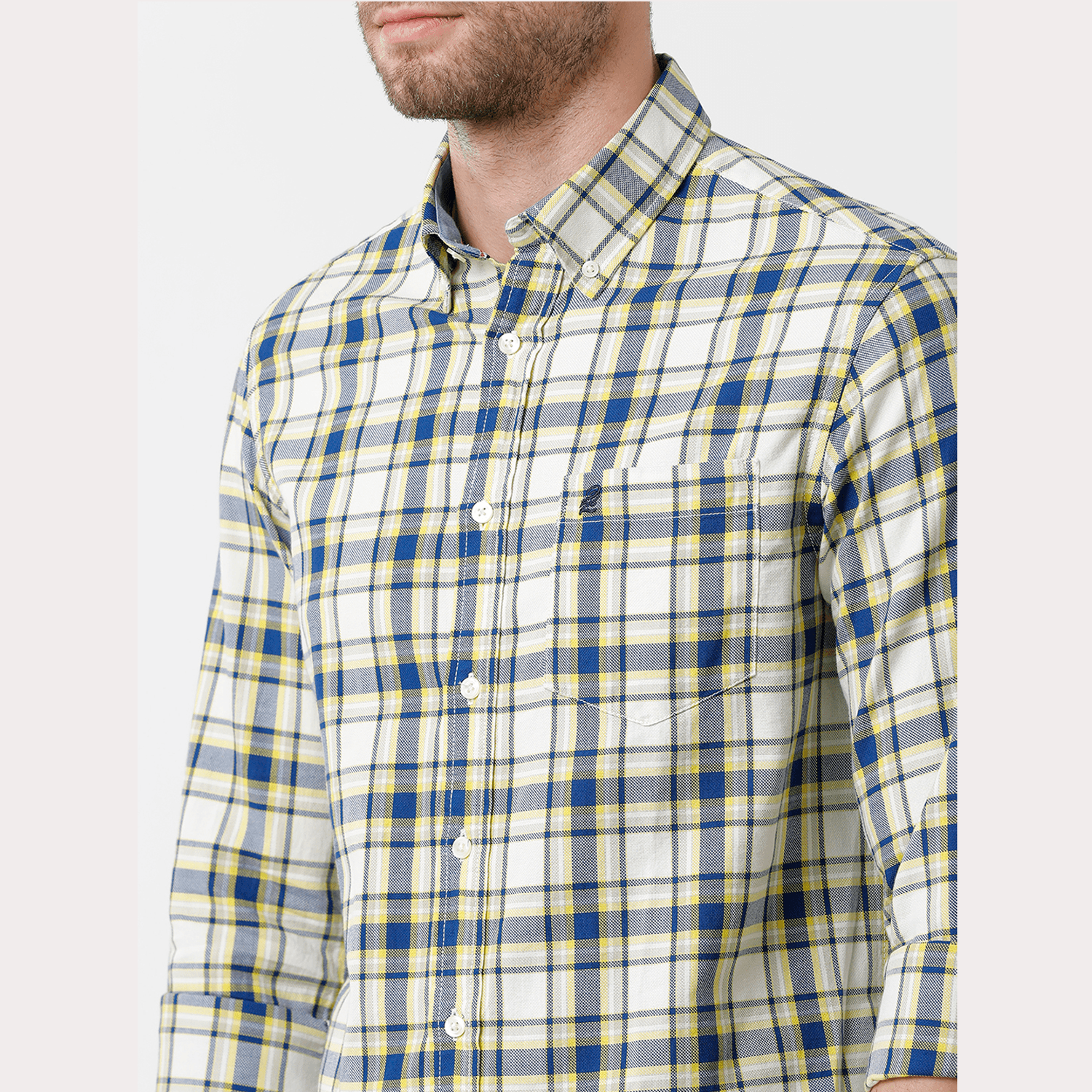 Double two Men Checks Yellow Button down collar Long Sleeves 100% Cotton Slim Fit Casual shirt