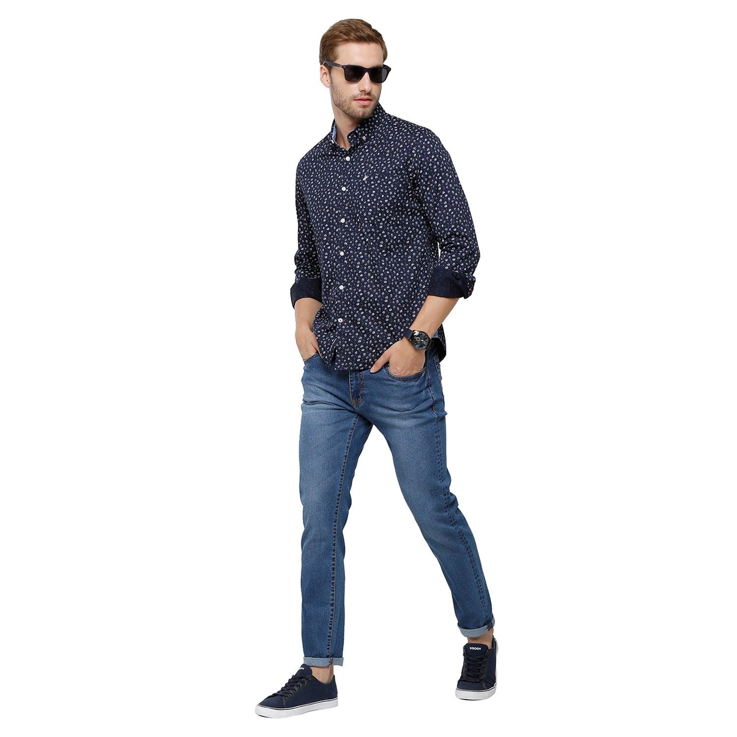 Blue Printed Casual Shirt Slim Fit - Double Two