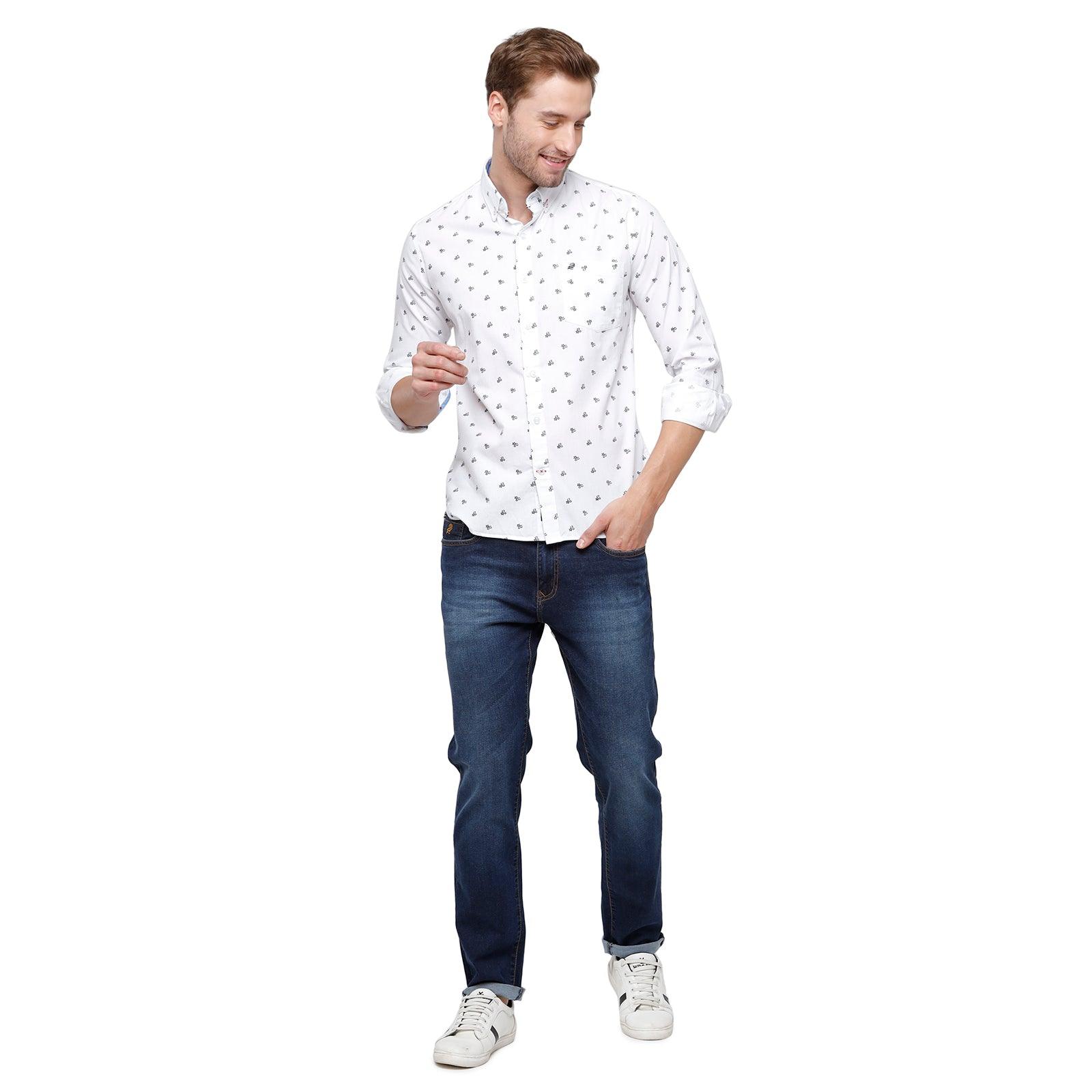 Double two Men Printed White Button down collar Long Sleeves 100% Cotton Slim Fit Casual shirt