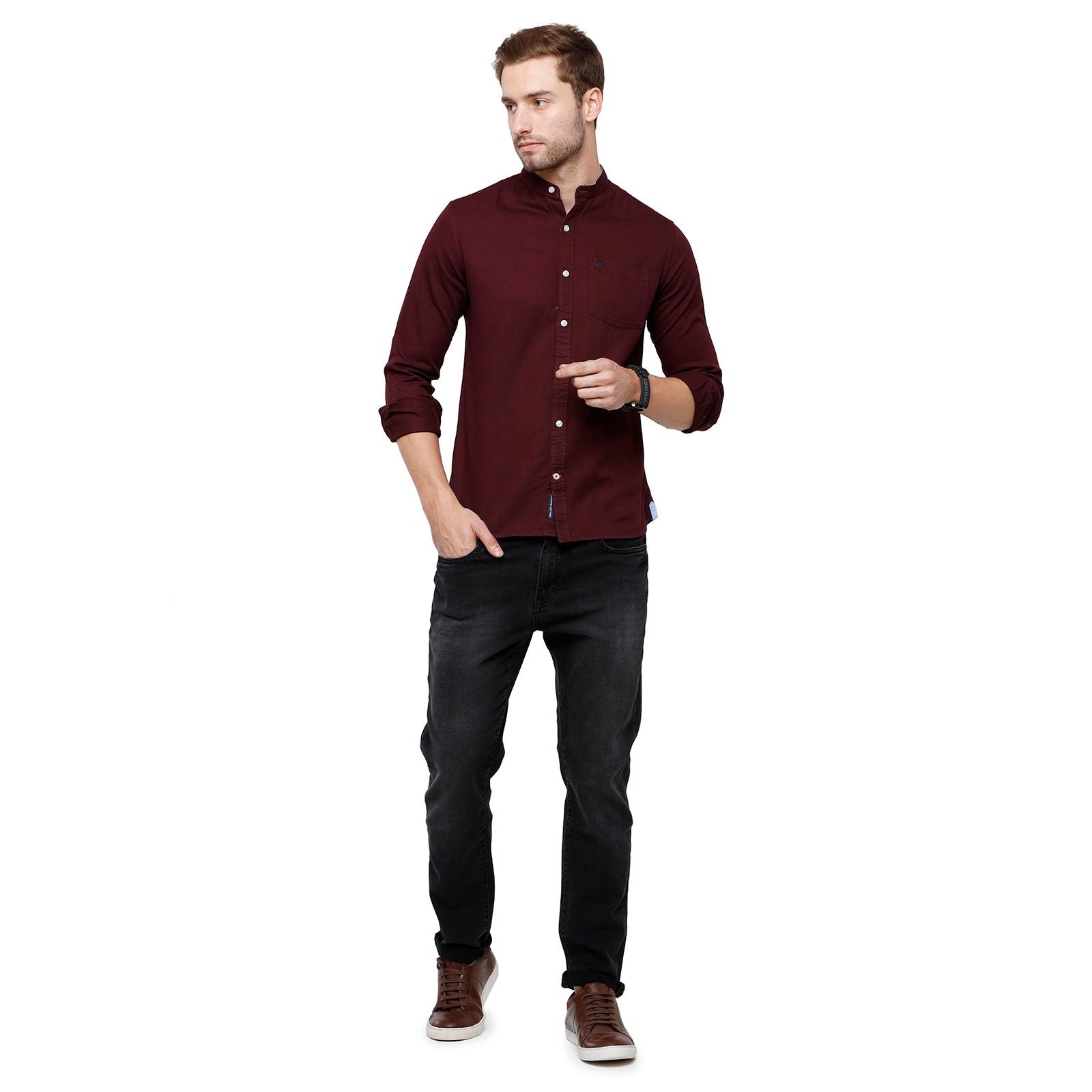 Double two Men Solid Maroon Mandarin collar Long Sleeves 100% Cotton Slim Fit Casual shirt