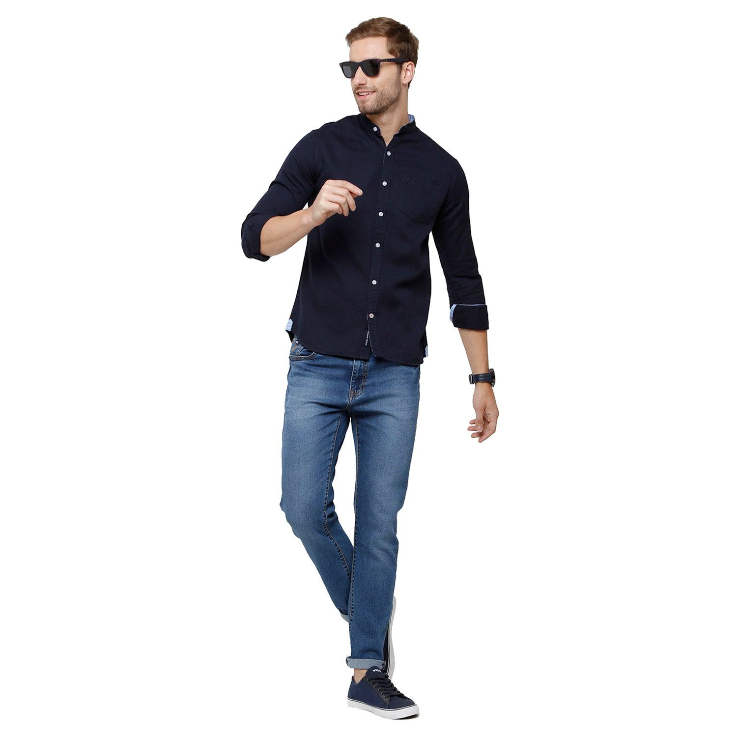 Double two Men Solid Blue Mandarin collar Long Sleeves 100% Cotton Slim Fit Casual shirt