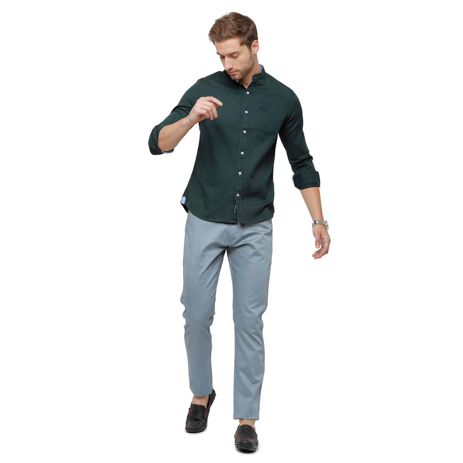 Double two Men Solid Bottle Green Mandarin collar Long Sleeves 100% Cotton Slim Fit Casual shirt