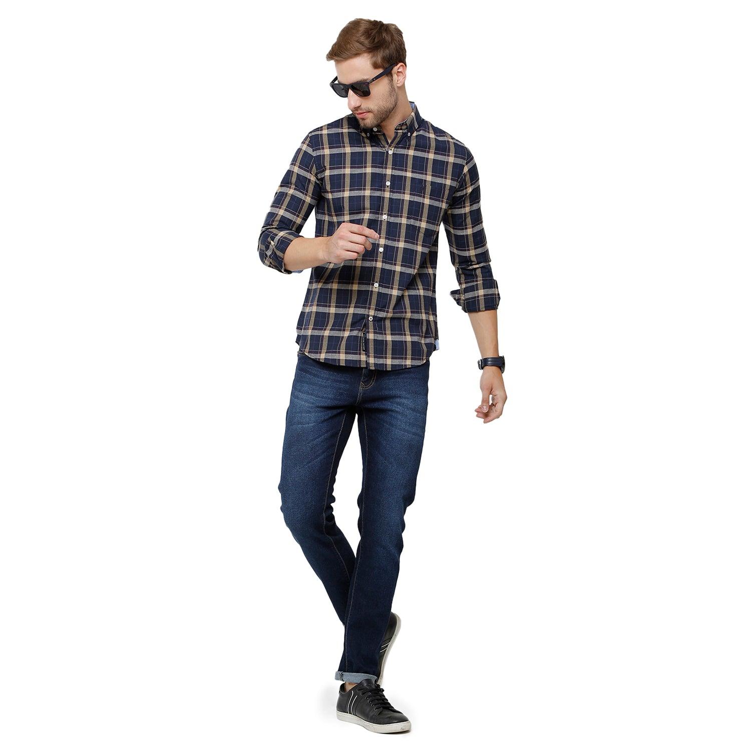 Double two Men Checks Multi Button down collar Long Sleeves 100% Cotton Slim Fit Casual shirt