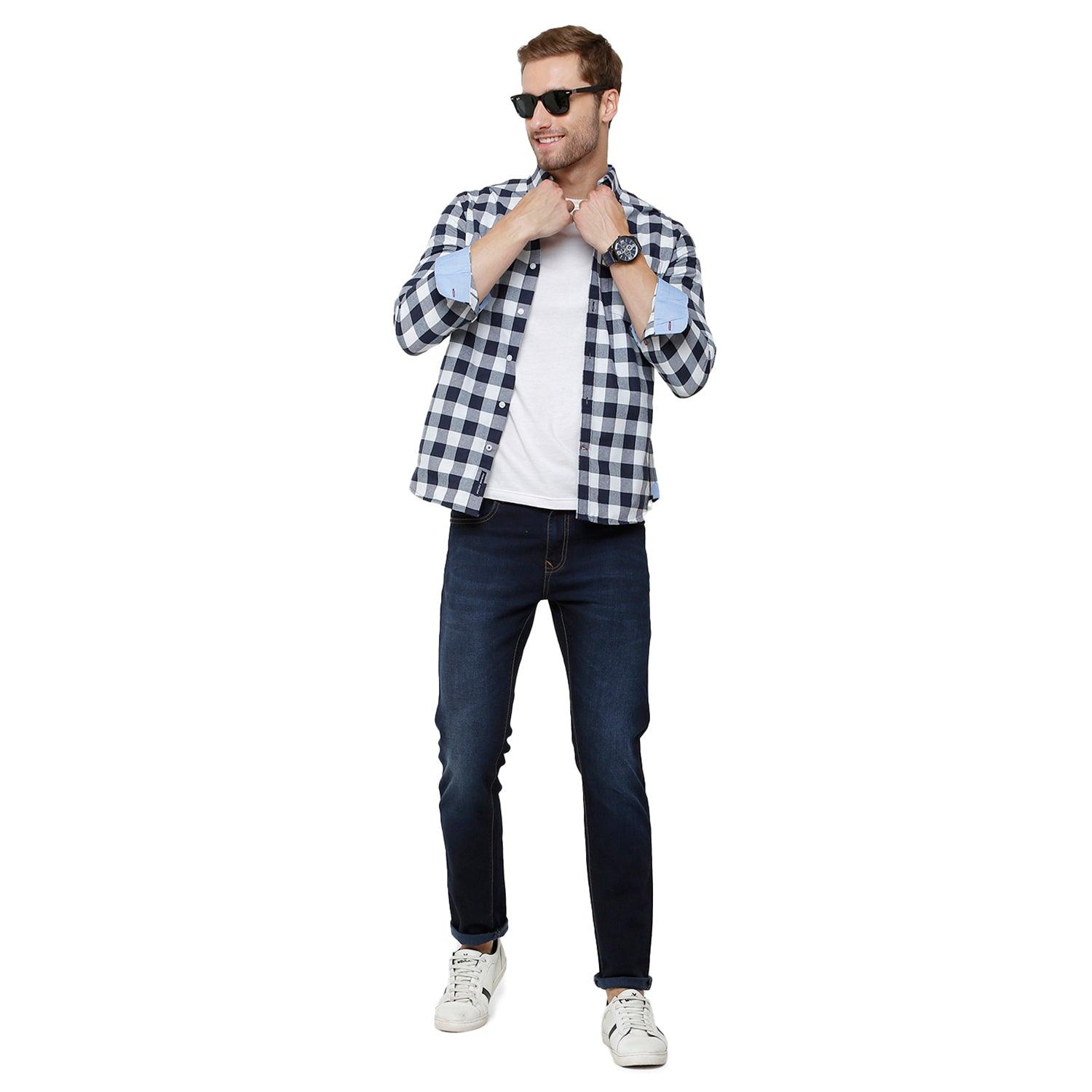 Double two Men Checks Black Button down collar Long Sleeves 100% Cotton Slim Fit Casual shirt