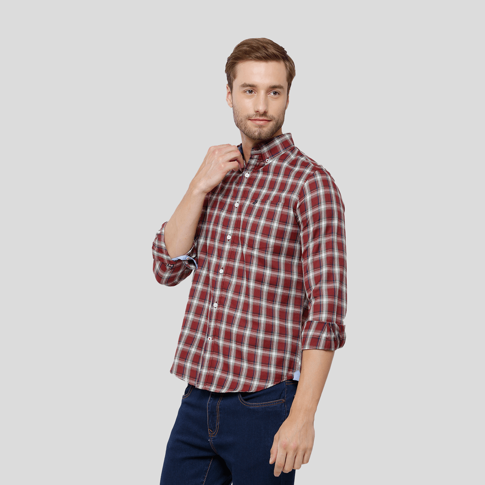 Double two Men Checks Red Button down collar Long Sleeves 100% Cotton Slim Fit Casual shirt