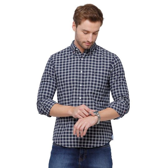 Navy Blue Checks Casual Shirt Slim Fit