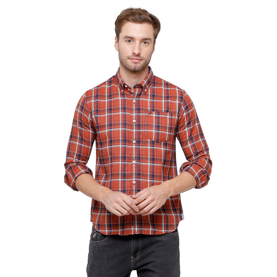 Orange Checks Casual Shirt Slim Fit