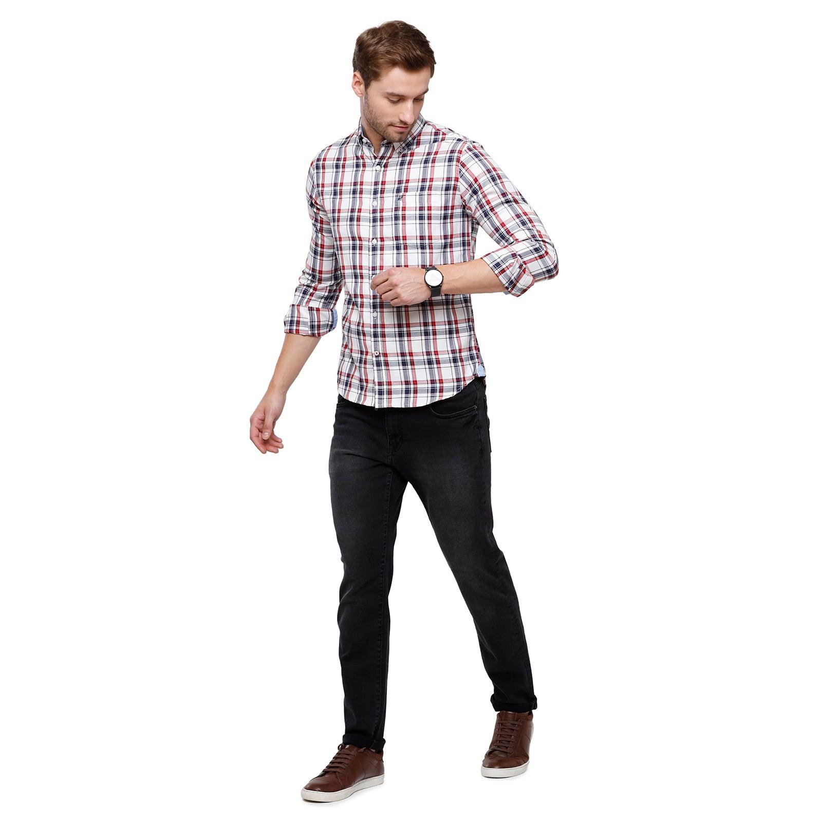 Double two Men Checks Red Button down collar Long Sleeves 100% Cotton Slim Fit Casual shirt