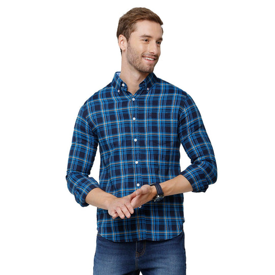 Navy Blue Checks Casual Shirt Slim Fit