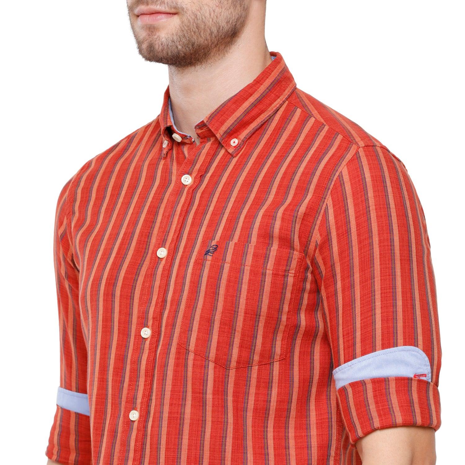 Double two Men Stripes Red Button down collar Long Sleeves 100% Cotton Slim Fit Casual shirt