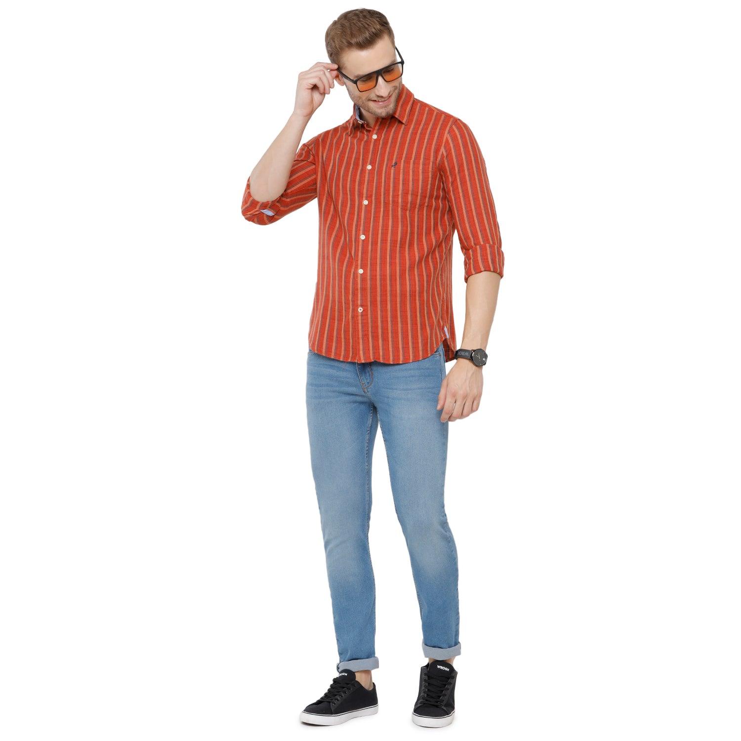 Double two Men Stripes Red Pointed Collar Long Sleeves 100% Cotton Slim Fit Casual shirt