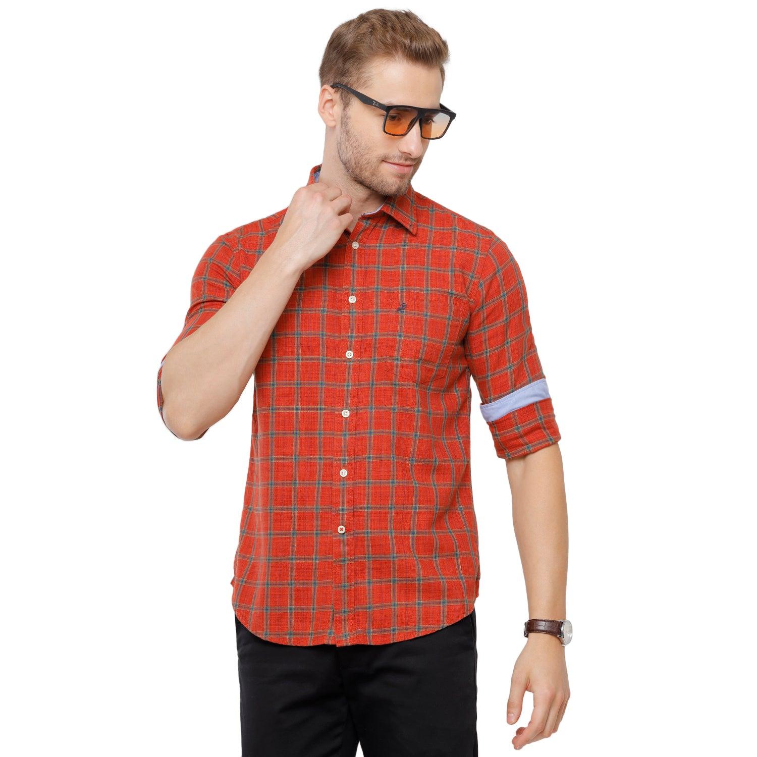 Double Two Men Slim Fit Checks Pointed Collar Casual shirt DTMS0225P-R