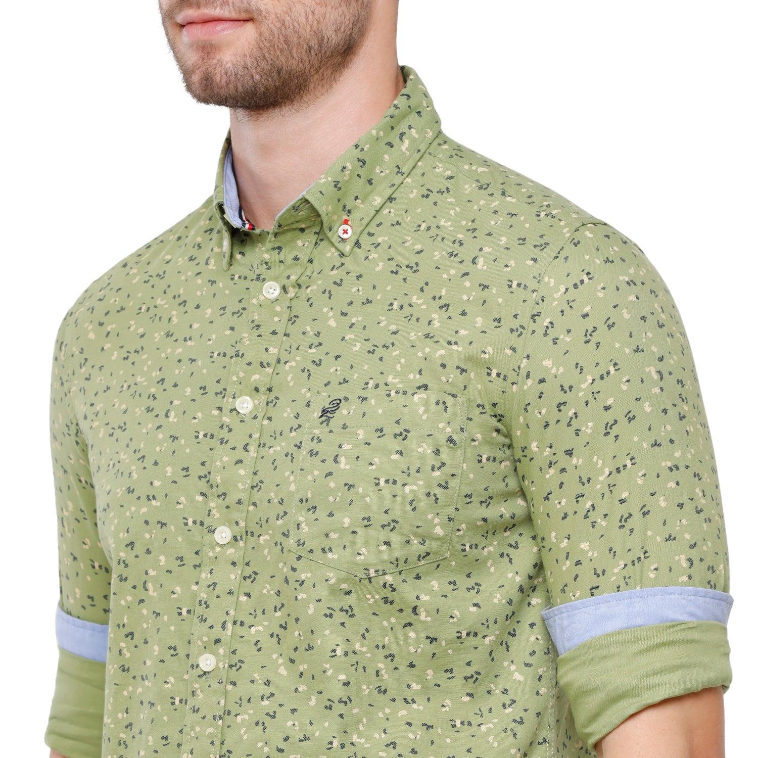 Double two Men Printed Light Green Button down collar Long Sleeves 100% Cotton Slim Fit Casual shirt