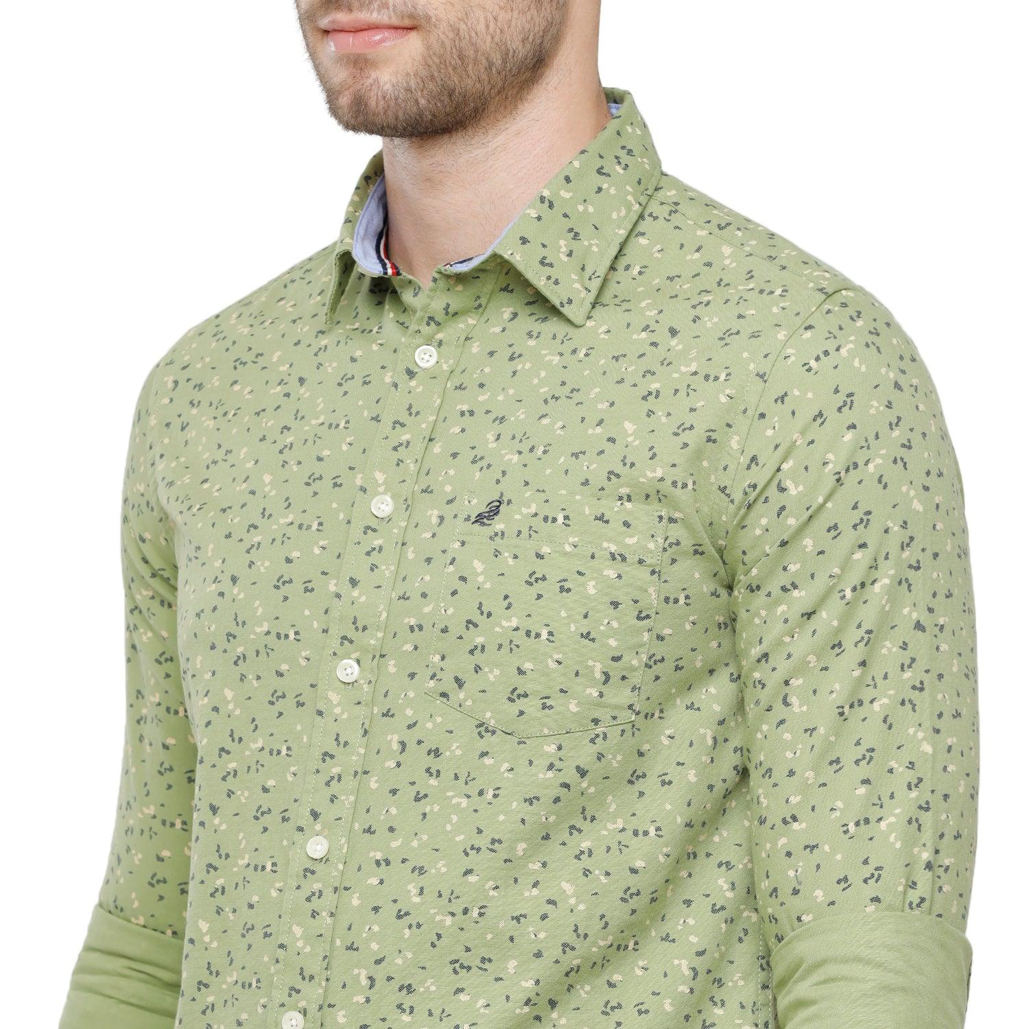 Double two Men Printed Light Green Pointed Collar Long Sleeves 100% Cotton Slim Fit Casual shirt