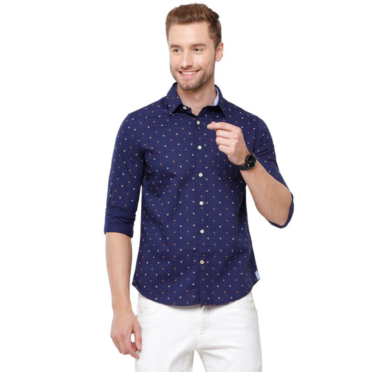 Navy Blue Printed Casual Shirt Slim Fit