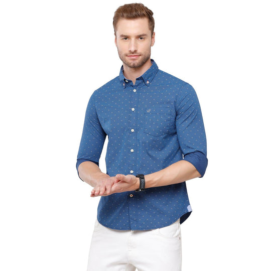 Navy Blue Printed Casual Shirt Slim Fit