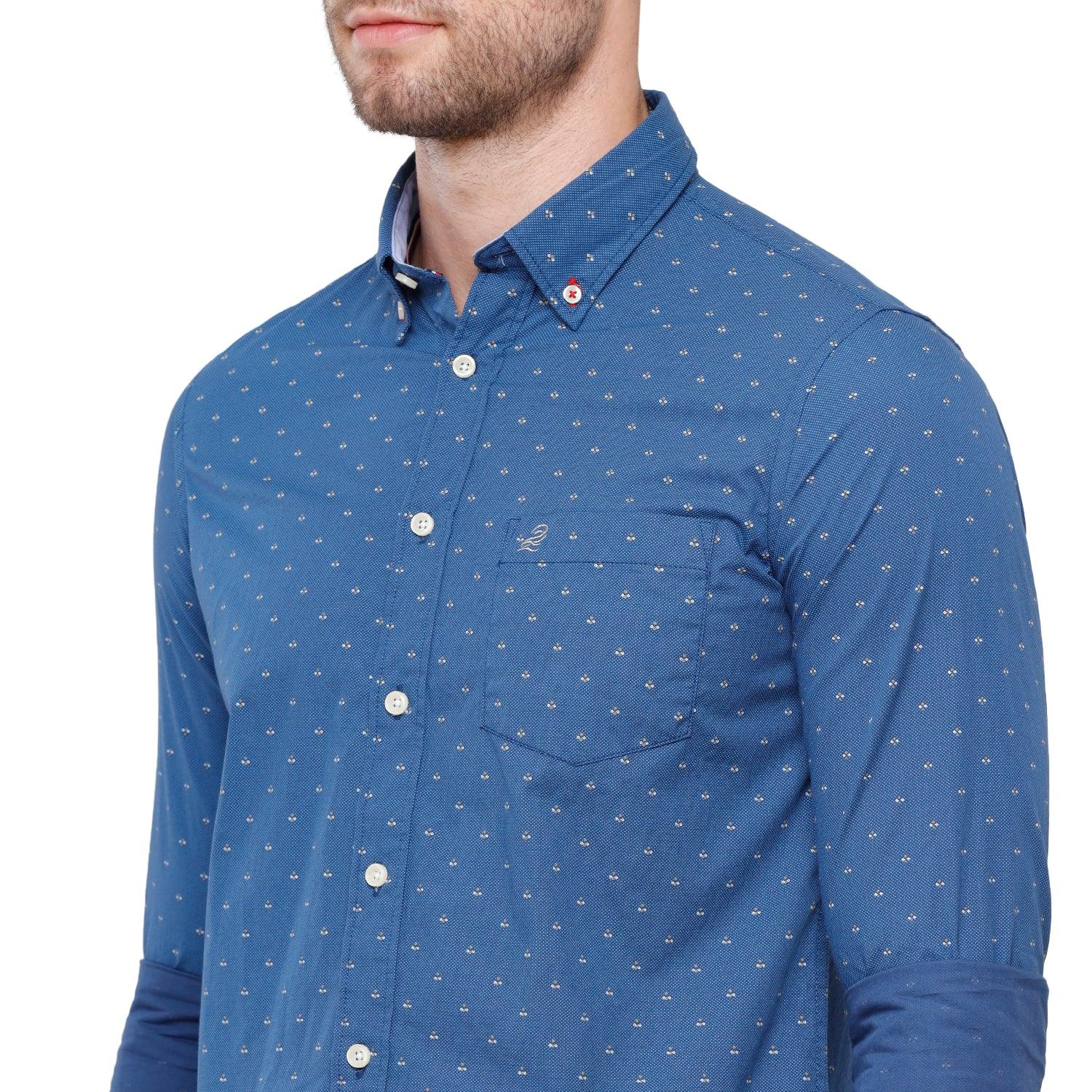 Double two Men Printed Navy Blue Button down collar Long Sleeves 100% Cotton Slim Fit Casual shirt