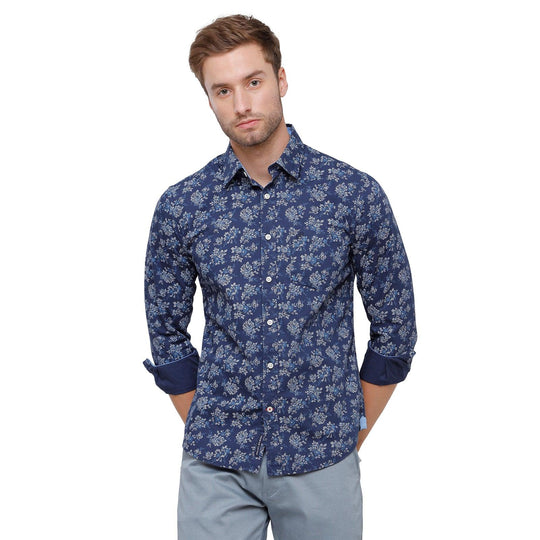 Navy Blue Printed Casual Shirt Slim Fit