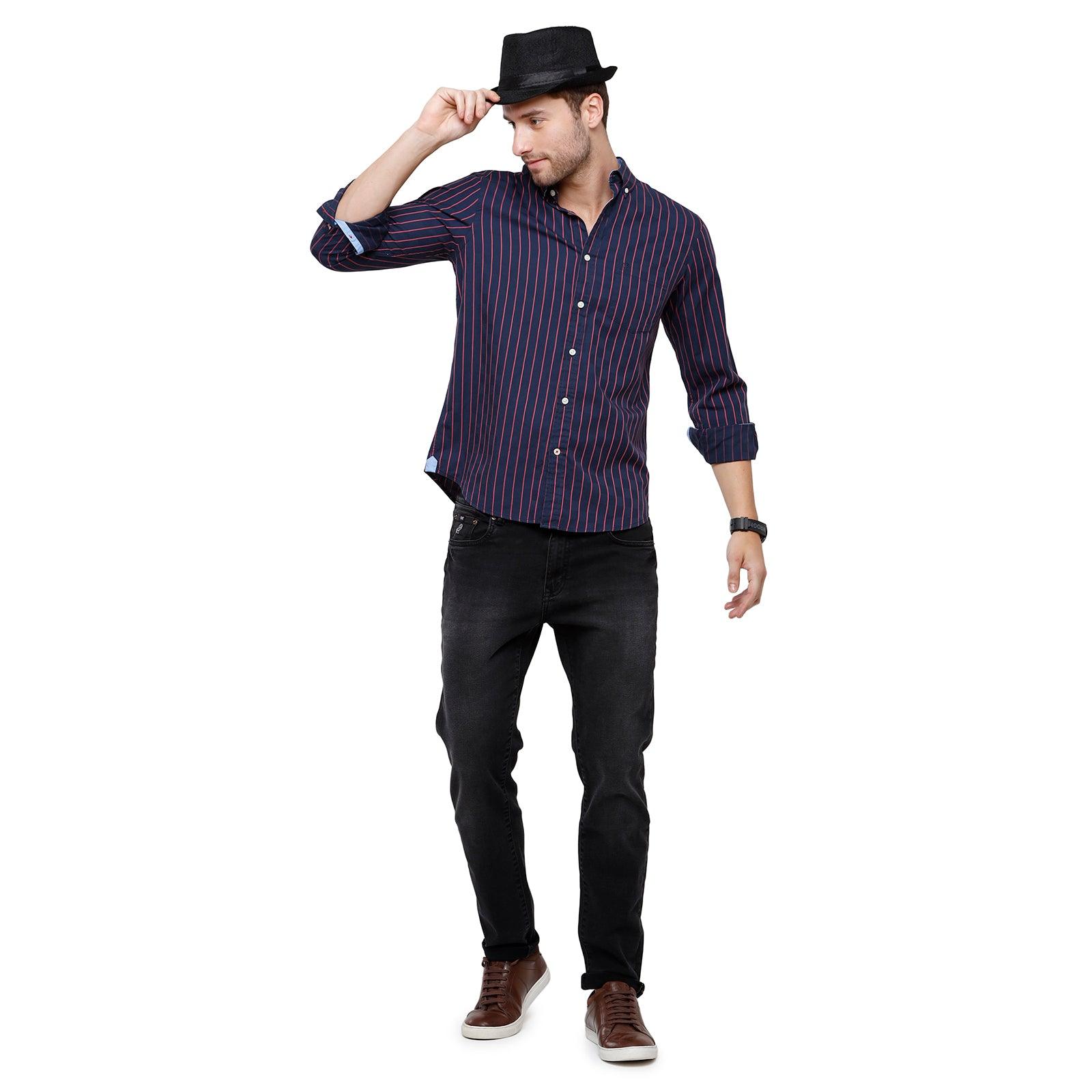 Double two Men Stripes Navy blue Button down collar Long Sleeves 100% Cotton Slim Fit Casual shirt