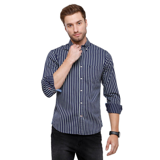 Navy Blue Stripes Casual Shirt Slim Fit