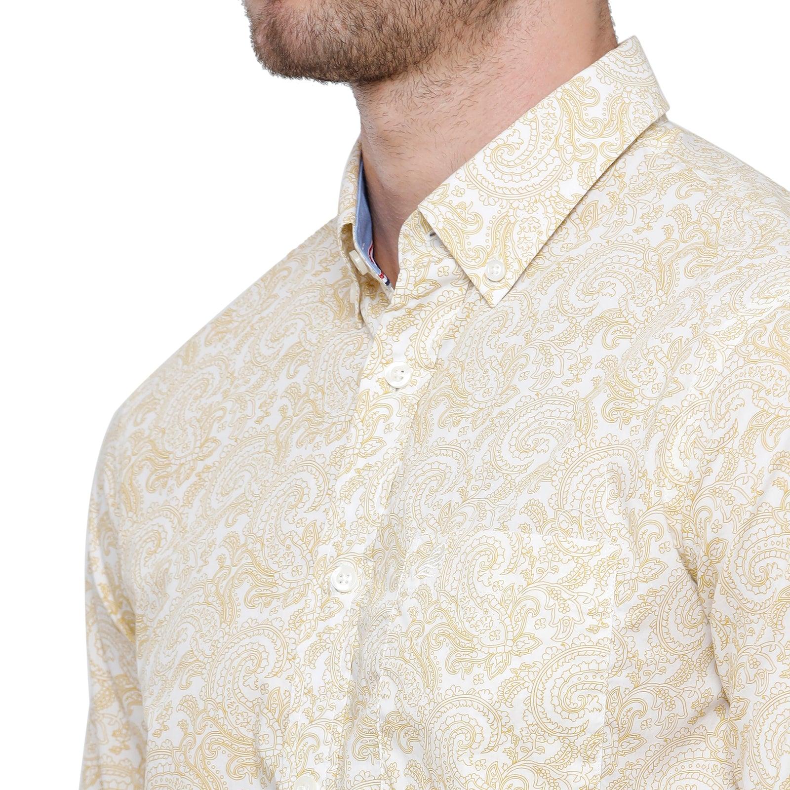 Double two Men Printed Yellow Pointed Collar Long Sleeves 100% Cotton Slim Fit Casual shirt